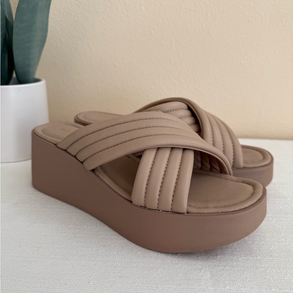 New Mariella Taupe Leather Wedge Platform Slide Sandals Italy
